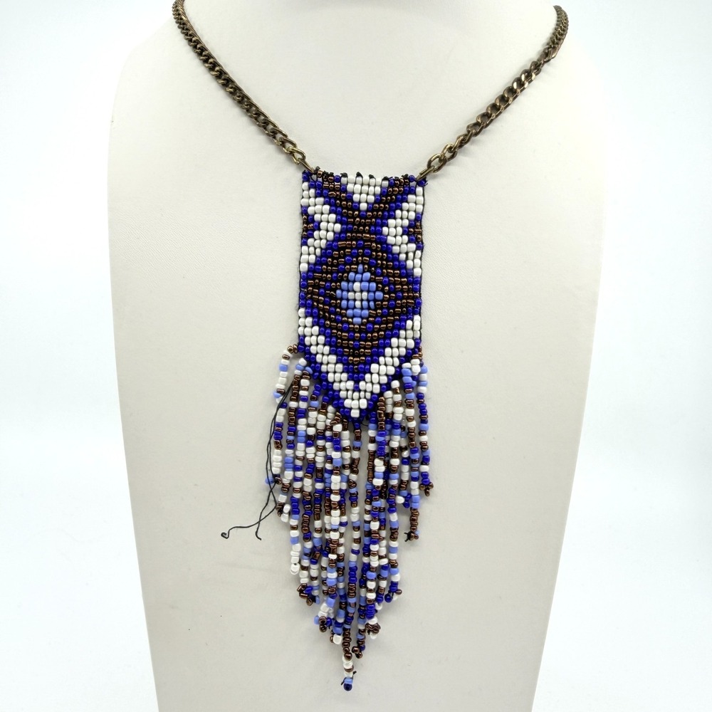 Vintage Y2K Beaded Fringe Necklace Geometric Southwestern Blue Cream